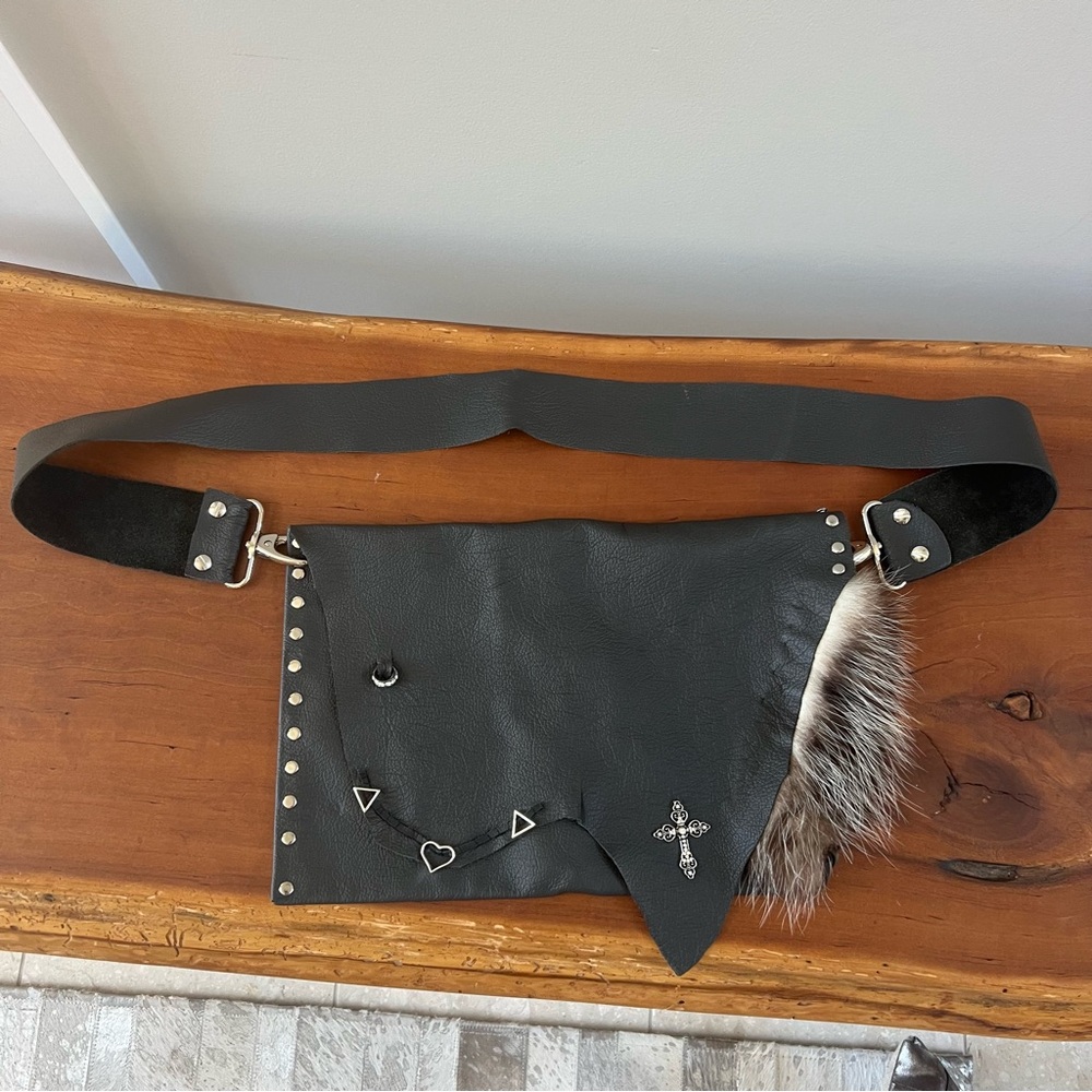 Rocker genuine leather fur purse crossbody bag custom artist design rivets studs
